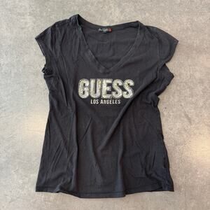 Vintage Y2K Mcbling Sequin Guess Los Angeles Jeans Black Silver Graphic Tee XL